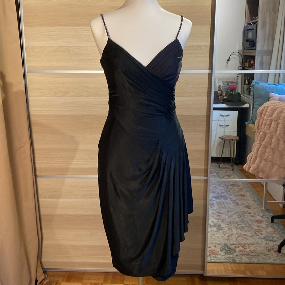 BCBGMAXAZRIA Cocktail Dress Women’s Black Draped Spaghetti Strap Size S